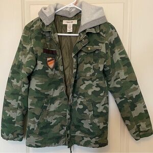Kids camouflage jacket with a gray hood by Cherokee